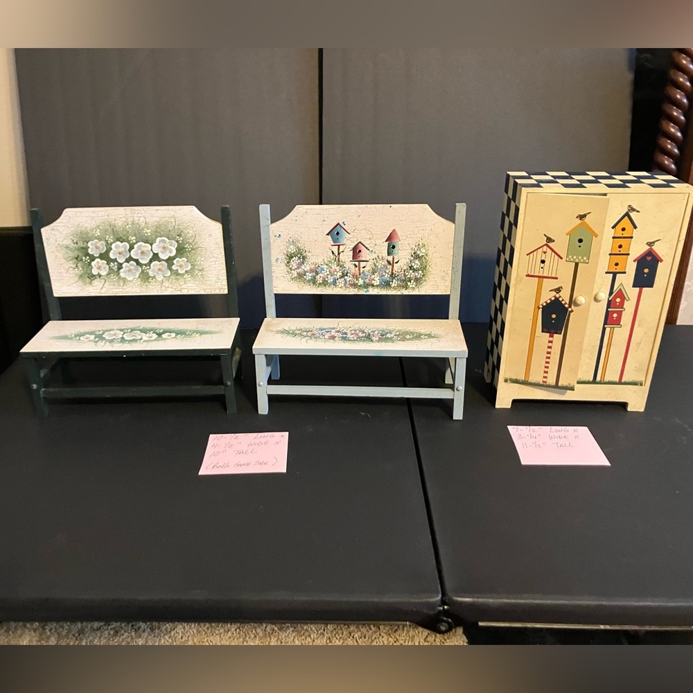 (3) wooden decor- (2) benches/(1) shelf